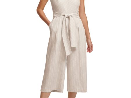 DKNY Womens Zippered Striped Sleeveless Square Neck Wide Leg Jumpsuit Online Sale