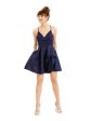 SPEECHLESS Womens Navy Stretch Zippered Pleated Illusion Back Spaghetti Strap V Neck Mini Prom Fit + Flare Dress Fashion