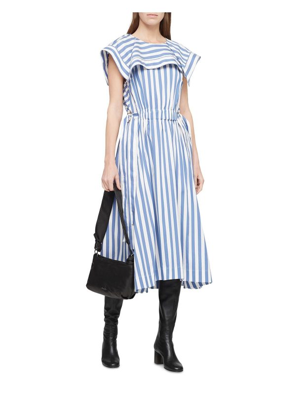 PHILLIP LIN Womens Blue Striped Cap Sleeve Round Neck Midi Fit + Flare Dress For Discount