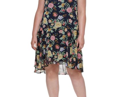 TOMMY HILFIGER Womens Sheer Floral Sleeveless Round Neck Below The Knee Shift Dress For Discount