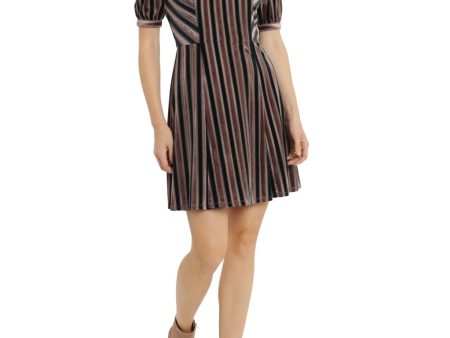 LONDON TIMES Womens Stretch Zippered Striped Pouf Sleeve Jewel Neck Above The Knee Party Fit + Flare Dress on Sale