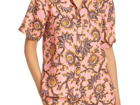 A.L.C Womens Pink Pocketed Slitted Floral Short Sleeve Point Collar Button Up Top Hot on Sale