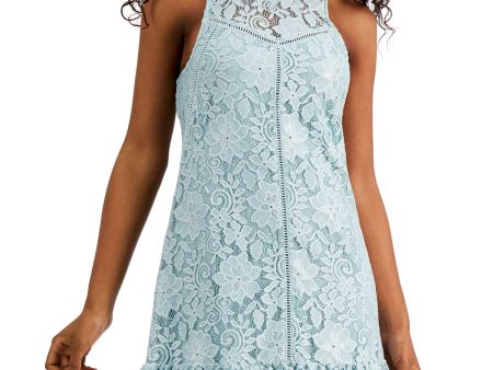 SPEECHLESS Womens Aqua Stretch Lace Ruffled Hem Illusion Neckline Floral Sleeveless Jewel Neck Above The Knee Party Shift Dress Hot on Sale