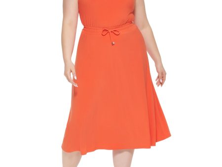 TOMMY HILFIGER Womens Orange Smocked Sheer Drawstring Keyhole Closure Sleeveless Halter Tea-Length Fit + Flare Dress Discount