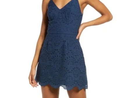 SPEECHLESS Womens Navy Eyelet Zippered Scalloped Hem Spaghetti Strap V Neck Mini Fit + Flare Dress on Sale