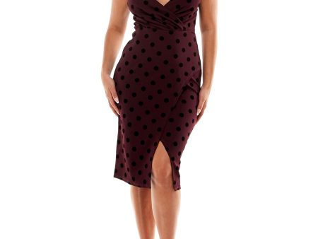 SPEECHLESS Womens Burgundy Slitted Adjustable Straps Velvet Detail Polka Dot Spaghetti Strap Surplice Neckline Knee Length Evening Faux Wrap Dress Online Hot Sale