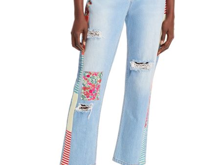 HELLESSY Womens Blue Zippered Pocketed Ripped Straight leg Jeans Hot on Sale