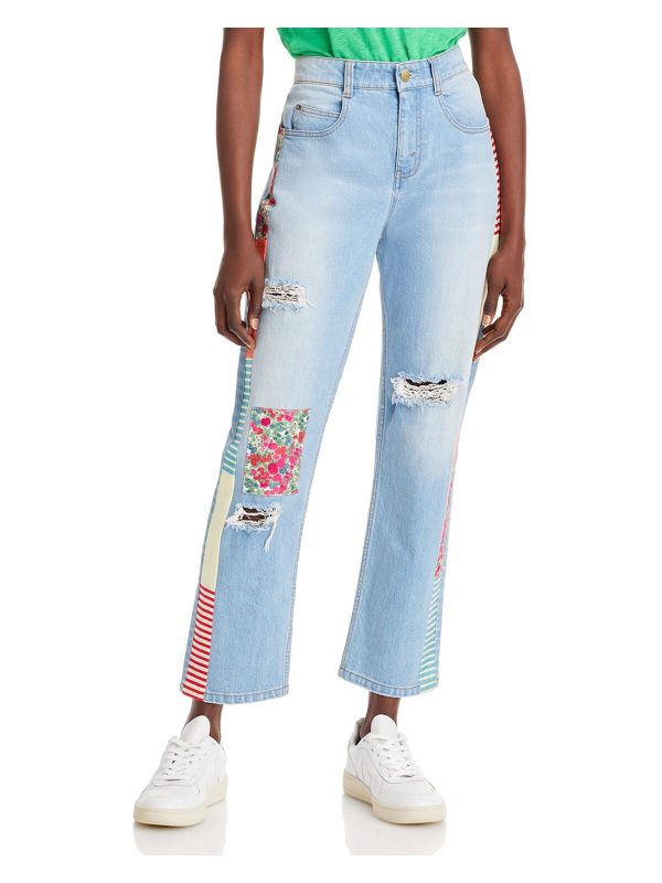 HELLESSY Womens Blue Zippered Pocketed Ripped Straight leg Jeans Hot on Sale