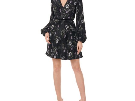 ML MONIQUE LHUILLIER Womens Black Stretch Zippered Pleated Scalloped Neckline Solid Waistba Floral Long Sleeve Surplice Neckline Short Cocktail Sheath Dress on Sale