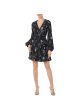 ML MONIQUE LHUILLIER Womens Black Stretch Zippered Pleated Scalloped Neckline Solid Waistba Floral Long Sleeve Surplice Neckline Short Cocktail Sheath Dress on Sale