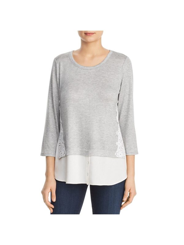 STATUS BY CHENAULT Womens Gray 3 4 Sleeve Jewel Neck Top Fashion