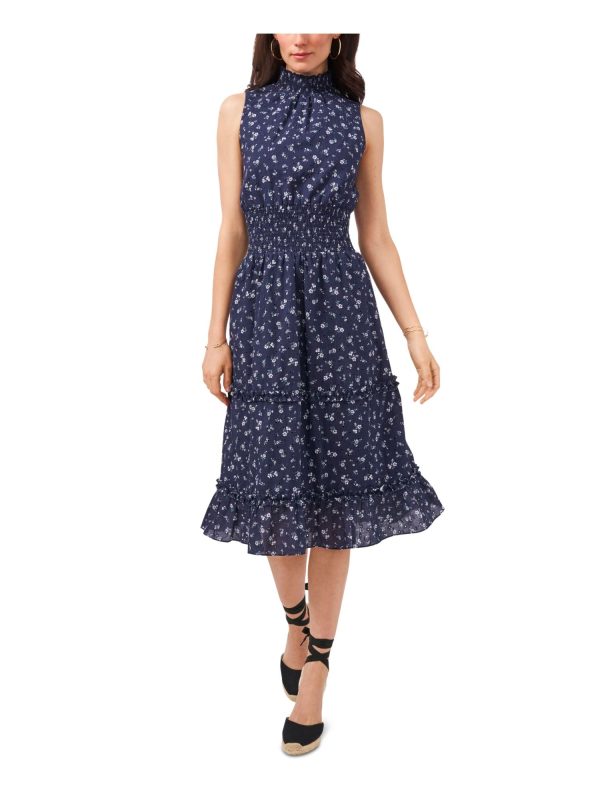 1. STATE Womens Navy Eyelet Smocked Floral Sleeveless Mock Neck Above The Knee Wear To Work Fit + Flare Dress Fashion