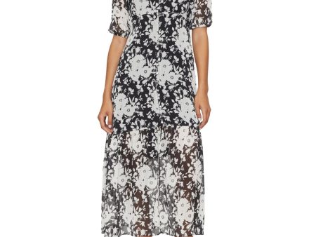 SANCTUARY Womens Black Tie Floral Short Sleeve V Neck Midi A-Line Dress Sale