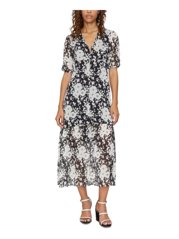 SANCTUARY Womens Black Tie Floral Short Sleeve V Neck Midi A-Line Dress Sale