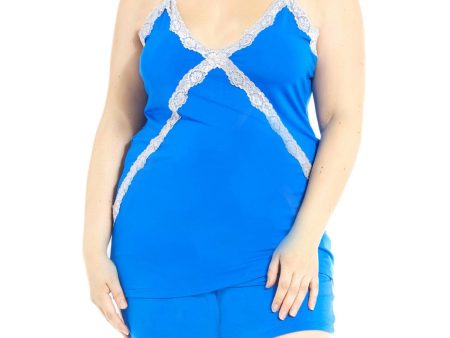 I COLLECTION Blue Lace Trim Solid Spaghetti Strap V Neck Everyday Pajamas Hot on Sale