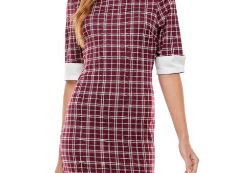 KINGSTON GREY Womens Burgundy Zippered Unlined Cuffed Plaid Elbow Sleeve Point Collar Short Sheath Dress Online Sale