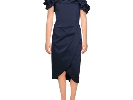 AIDAN MATTOX Womens Navy Ruffled Zippered Gathered Short Sleeve Off Shoulder Midi Formal Tulip Dress Online now