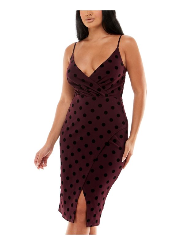 SPEECHLESS Womens Burgundy Slitted Adjustable Straps Velvet Detail Polka Dot Spaghetti Strap Surplice Neckline Knee Length Evening Faux Wrap Dress Online Hot Sale