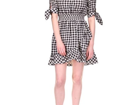 MICHAEL MICHAEL KORS Womens White Lined Smocked Tied Cuffs Ruffled Hem Pullover Gingham Elbow Sleeve Surplice Neckline Short Fit + Flare Dress Online Hot Sale