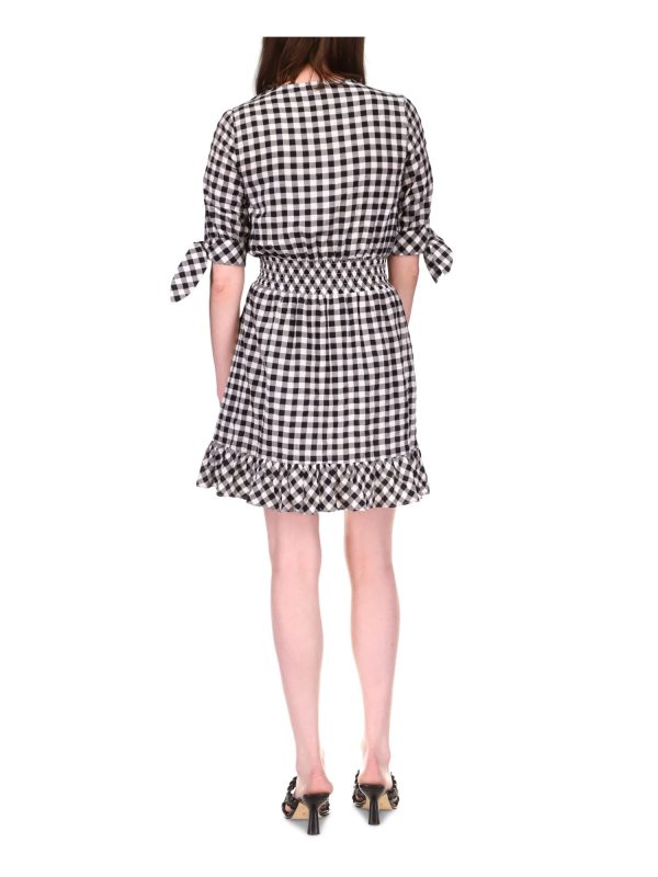 MICHAEL MICHAEL KORS Womens White Lined Smocked Tied Cuffs Ruffled Hem Pullover Gingham Elbow Sleeve Surplice Neckline Short Fit + Flare Dress Online Hot Sale