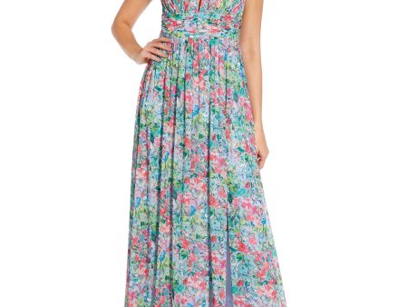 AIDAN AIDAN MATTOX Womens Blue Pleated Zippered Sheer Slitted Lined Floral Sleeveless V Neck Full-Length Evening Gown Dress Fashion