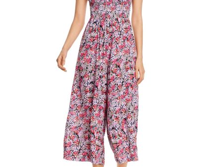 YUMI KIM Womens Pink Stretch Tie Ruffled Pleated Floral Pouf Sleeve Square Neck Wide Leg Jumpsuit Supply