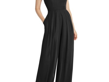 DESSY COLLECTION Womens Black Zippered Pocketed Pleated Halter Sleeveless V Neck Wide Leg Jumpsuit on Sale