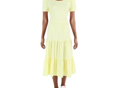 RILEY&RAE Womens Yellow Gathered Tiered Pullover Heather Pouf Sleeve Crew Neck Midi Fit + Flare Dress Online Hot Sale