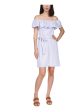 MICHAEL KORS Womens Blue Ruffled Pocketed Self Tie Belt Pinstripe Sleeveless Off Shoulder Mini Party Fit + Flare Dress Sale