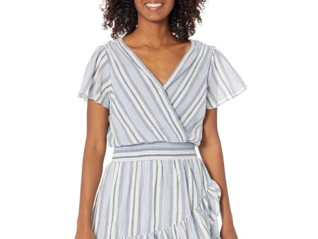 MICHAEL KORS Womens Blue Smocked Sheer Pullover Ruffled Lined Striped Flutter Sleeve Surplice Neckline Knee Length Faux Wrap Dress Cheap