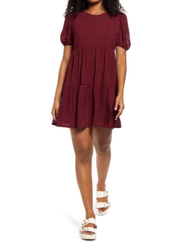 SPEECHLESS Womens Pleated Gingham Short Sleeve Jewel Neck Mini Party Baby Doll Dress Online