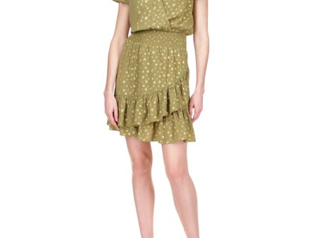 MICHAEL KORS Womens Green Smocked Asymmetrical Ruffled Skirt Flutter Sleeve Surplice Neckline Short Party Faux Wrap Dress Online