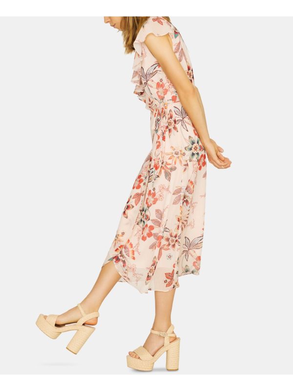 SANCTUARY Womens Pink Floral Sleeveless V Neck Tea-Length Fit + Flare Dress on Sale