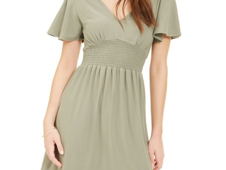 PLANET GOLD Womens Green Flutter Sleeve V Neck Short Fit + Flare Dress on Sale