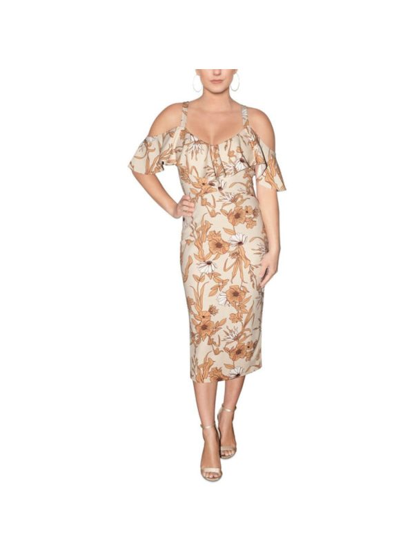 RACHEL RACHEL ROY Womens Beige Cold Shoulder Ruffled Slit Back Hem Zippered Floral Flutter Sleeve V Neck Midi Party Sheath Dress Discount