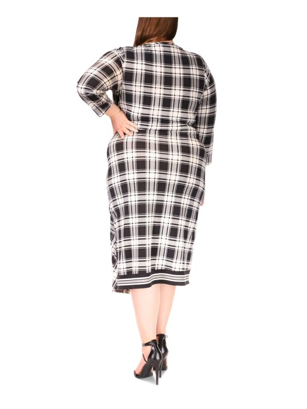 MICHAEL MICHAEL KORS Womens White Unlined Asymmetrical Pullover Plaid 3 4 Sleeve Crew Neck Midi Faux Wrap Dress Sale