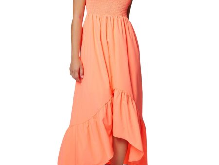 LAUNDRY Womens Orange Smocked Adjustable Partially Lined Spaghetti Strap Square Neck Maxi Hi-Lo Dress Sale