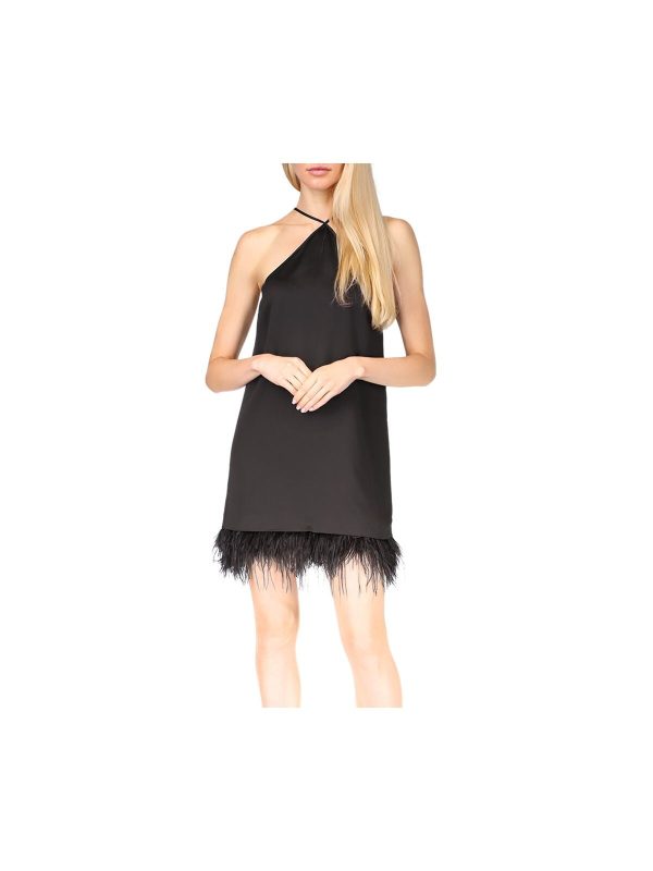 MICHAEL MICHAEL KORS Womens Black Feathered Textured Tie Closure Logo Hardware Lined Sleeveless Halter Above The Knee Cocktail Shift Dress on Sale