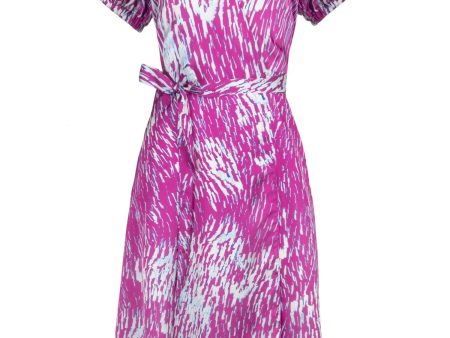 RACHEL ROY Womens Pink Tie Lined Printed Short Sleeve Surplice Neckline Midi Wear To Work Wrap Dress on Sale