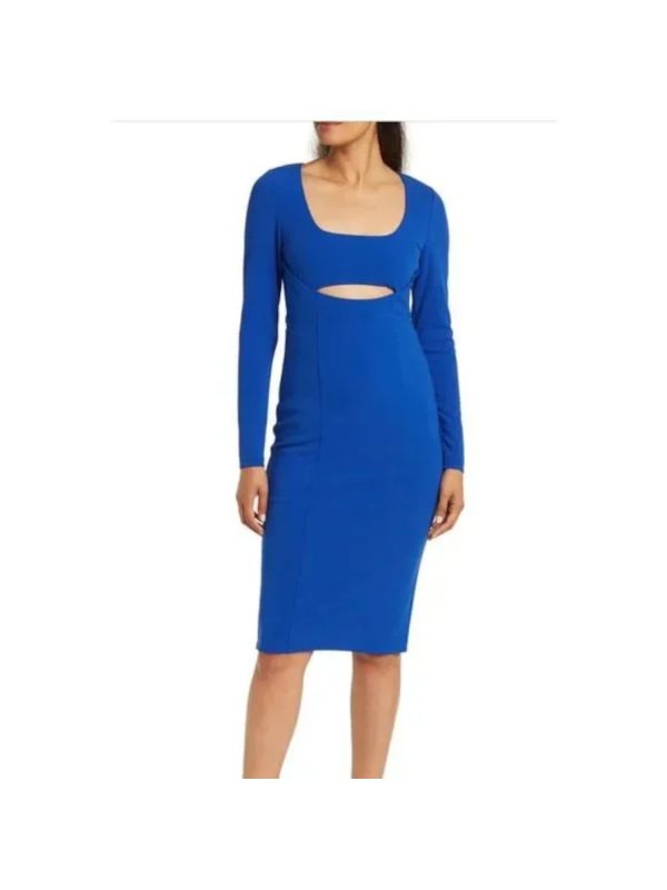 RACHEL RACHEL ROY Womens Blue Zippered Cut Out Lined Long Sleeve Scoop Neck Midi Party Sheath Dress For Cheap