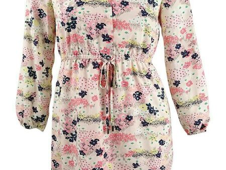 MAISON JULES Womens Drawstring Floral Long Sleeve V Neck Short Shirt Dress Fashion