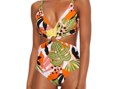 BAR III Women s Orange Printed Removable Cups Deep V Neck Cutout Ring One Piece Swimsuit Online now