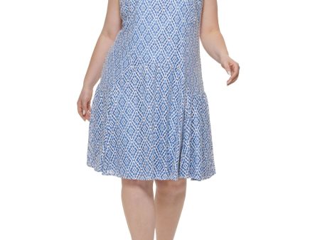 TOMMY HILFIGER Womens Blue Stretch Zippered Lined Sleeveless Jewel Neck Above The Knee Wear To Work Fit + Flare Dress Sale