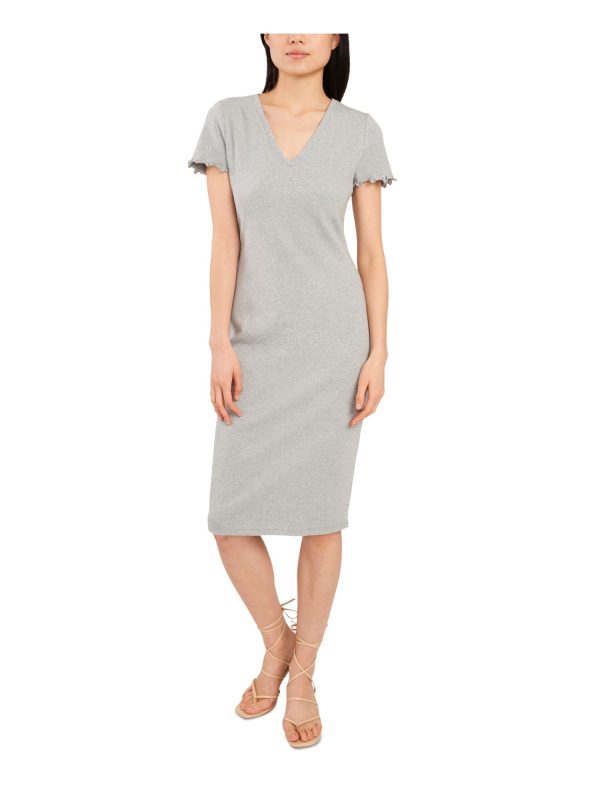 RILEY&RAE Womens Gray Stretch Ribbed Pullover Short Sleeve V Neck Below The Knee Body Con Dress For Sale