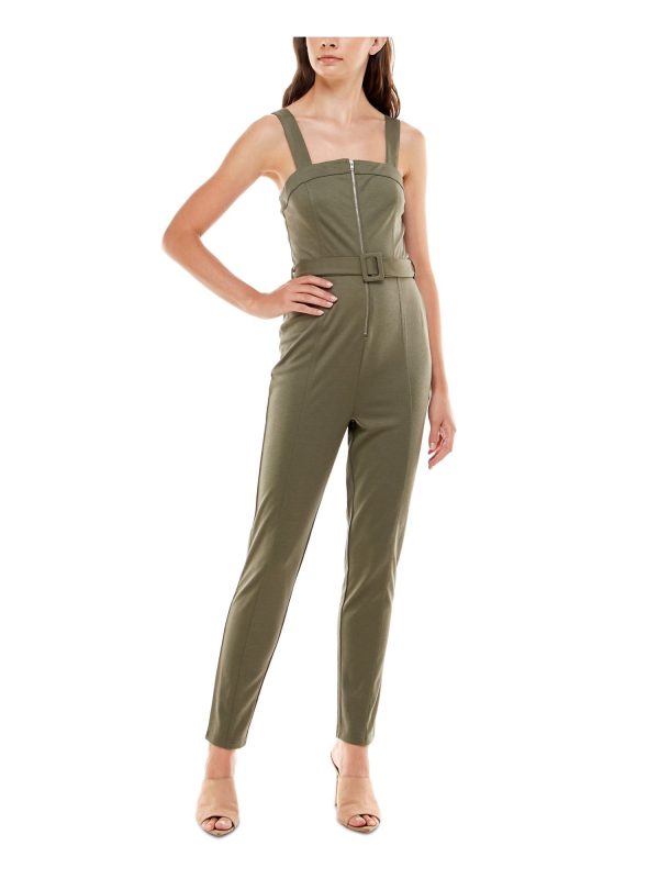 ALMOST FAMOUS Womens Green Belted Zippered Sleeveless Square Neck Skinny Jumpsuit Cheap