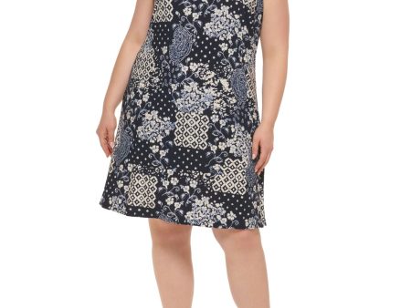 TOMMY HILFIGER Womens Printed Sleeveless Round Neck Above The Knee Shift Dress Online Sale