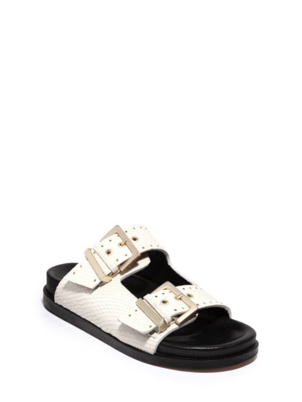 ALLSAINTS Womens White Scale Buckle Accent Comfort Mae Round Toe Wedge Slip On Slide Sandals Shoes Online Sale