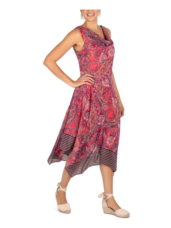 SIGNATURE BY ROBBIE BEE Womens Pink Printed Sleeveless Cowl Neck Midi Party Sheath Dress Sale