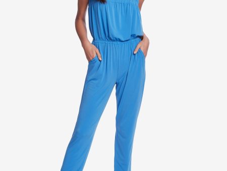 1. STATE Womens Blue Stretch Pocketed Ruffled Cinched-waist Sleeveless Strapless Straight leg Jumpsuit Online Sale