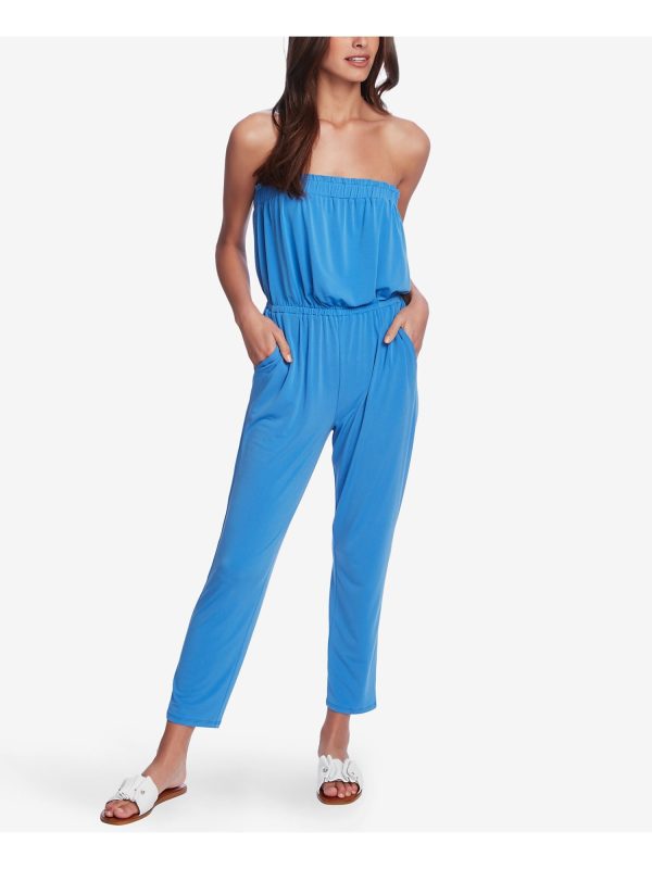 1. STATE Womens Blue Stretch Pocketed Ruffled Cinched-waist Sleeveless Strapless Straight leg Jumpsuit Online Sale